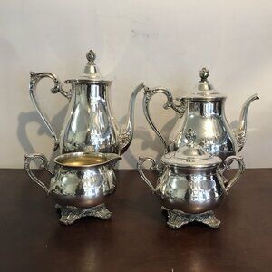 VTG Silverplate Tea & Coffee Set Wm Rogers & Sons Victorian Rose 1902